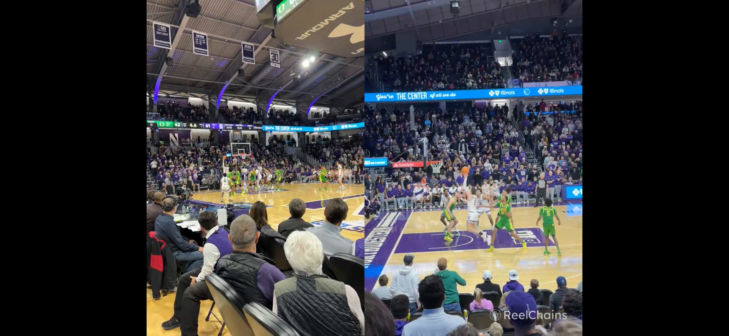 Split-screen view of a basketball arena from two cameras — both frames captured the same shot.